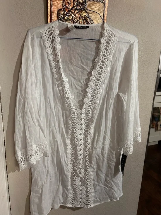 La Blanca coverup White Crochet-Trim Cotton Kimono swim New - Picture 2 of 4